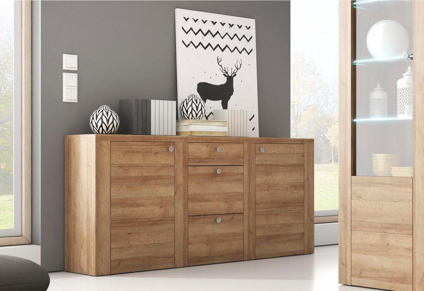 OTTO home Sideboard Larona, zeitlose Kommode mit 2 Türen, 3 Schubkästen, Türkommode, Höhe 84 cm, viel Stauraum, Anrichte mit dekorativer Rahmenoptik – Bild 2 von 5