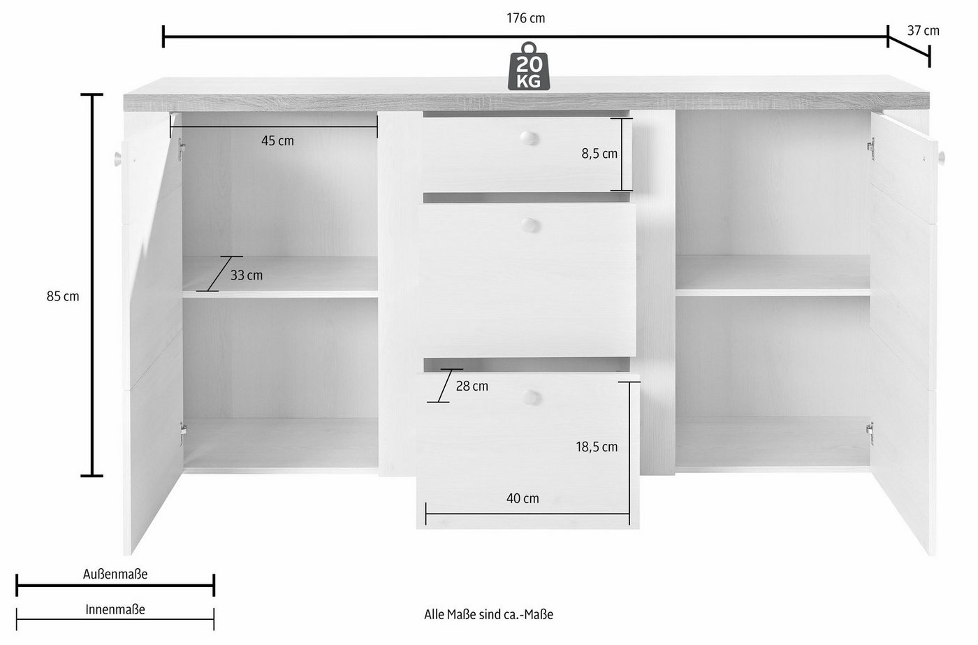 OTTO home Sideboard Larona, zeitlose Kommode mit 2 Türen, 3 Schubkästen, Türkommode, Höhe 84 cm, viel Stauraum, Anrichte mit dekorativer Rahmenoptik – Bild 5 von 5