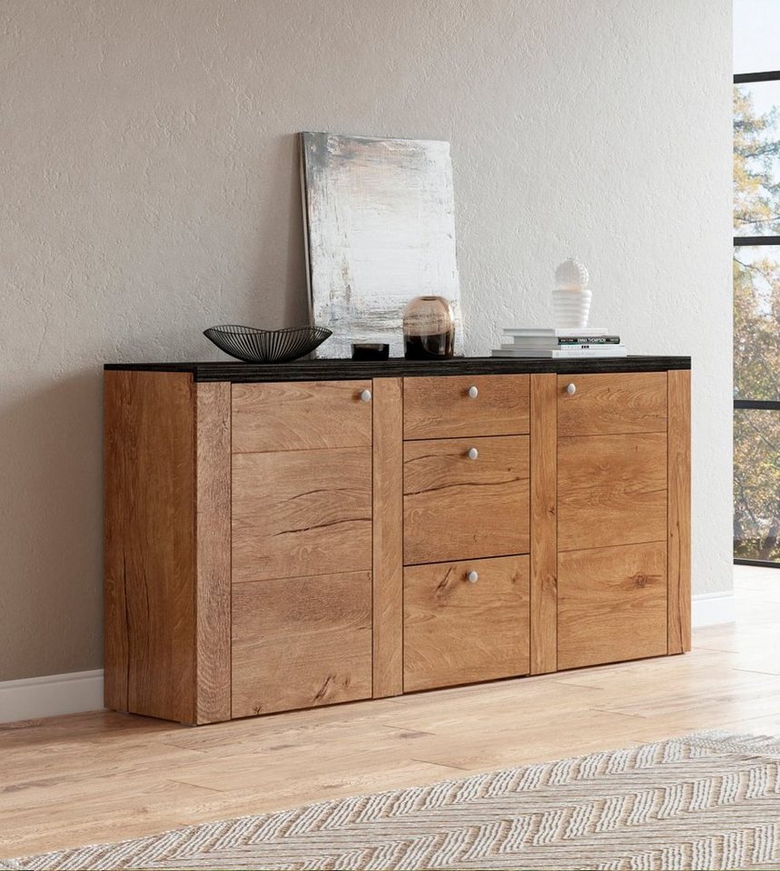 OTTO home Sideboard Larona, zeitlose Kommode mit 2 Türen, 3 Schubkästen, Türkommode, Höhe 84 cm, viel Stauraum, Anrichte mit dekorativer Rahmenoptik – Bild 2 von 5