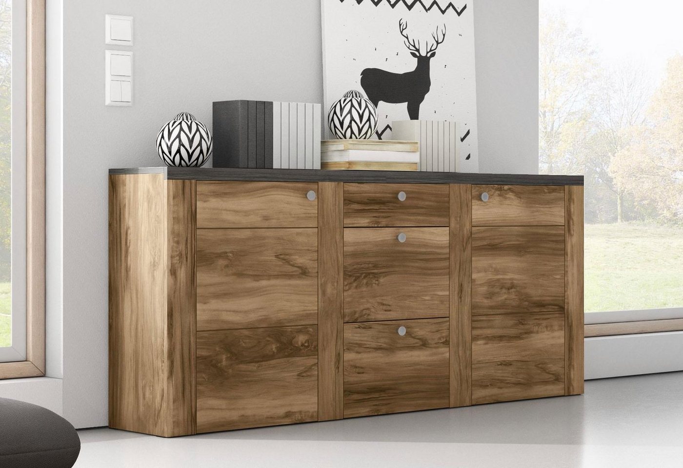 OTTO home Sideboard Larona, zeitlose Kommode mit 2 Türen, 3 Schubkästen, Türkommode, Höhe 84 cm, viel Stauraum, Anrichte mit dekorativer Rahmenoptik – Bild 4 von 5