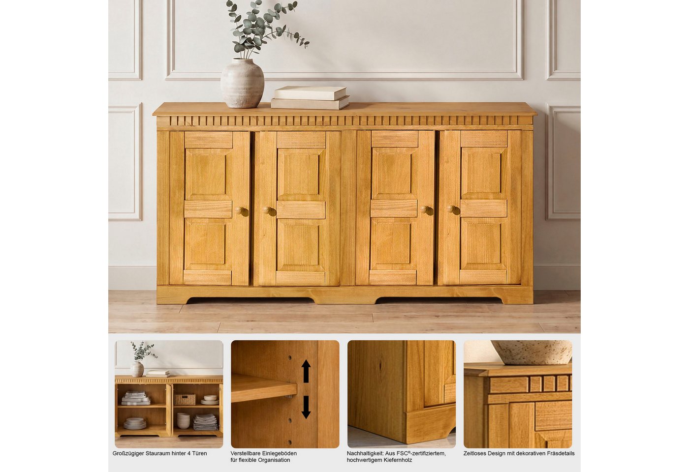 OTTO home Sideboard Lisa, Kommode aus massivem Kiefernholz, Breite 158,5 cm – Bild 3 von 5
