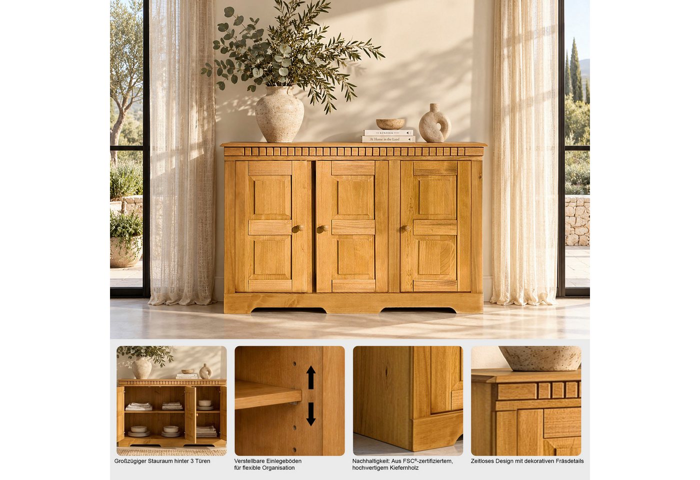 OTTO home Sideboard Lisa, Kommode aus massivem Kiefernholz, Breite 158,5 cm – Bild 3 von 5