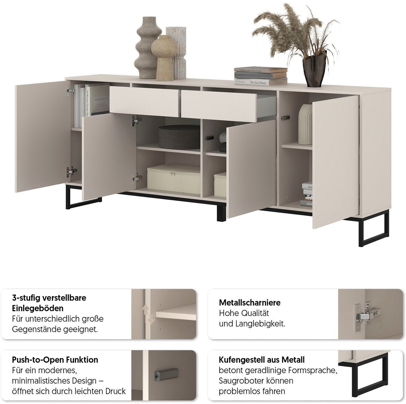 OTTO home Sideboard Loft, Breite 208,5 cm, grifflose Kommode 4 Türen/2 Schubkästen., Schubladenschrank mit viel Stauraum, Einlegeböden verstellbar – Bild 4 von 5