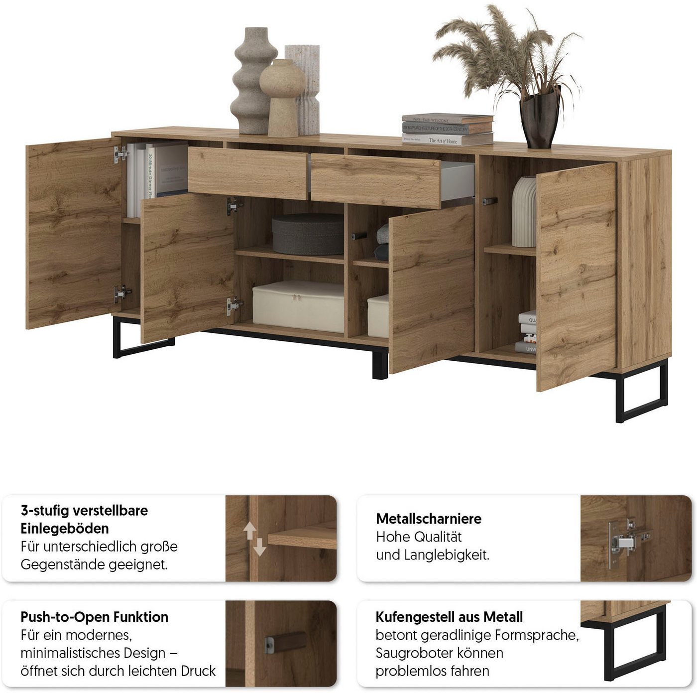 OTTO home Sideboard Loft, Breite 208,5 cm, grifflose Kommode 4 Türen/2 Schubkästen., Schubladenschrank mit viel Stauraum, Einlegeböden verstellbar – Bild 4 von 5