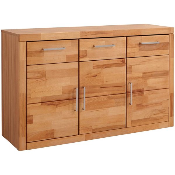 OTTO home Sideboard Logo,130cm breit,42 cm tief, Fronten Massivholz,2 breite Fächer, Holz massiv, Holzwerkstoff, Metall Griffe,3Türen,3Schubladen