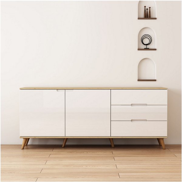 OTTO home Sideboard Lund, mit glänzenden Fronten, Griffmulden, helles Holzdekor, Breite 180 cm
