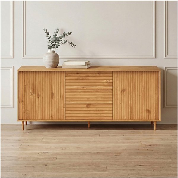 OTTO home Sideboard Malmedy Front mit gefrästen Rillen, Kommode aus massivem Kiefernholz, Push-to-open, Breite 160 cm