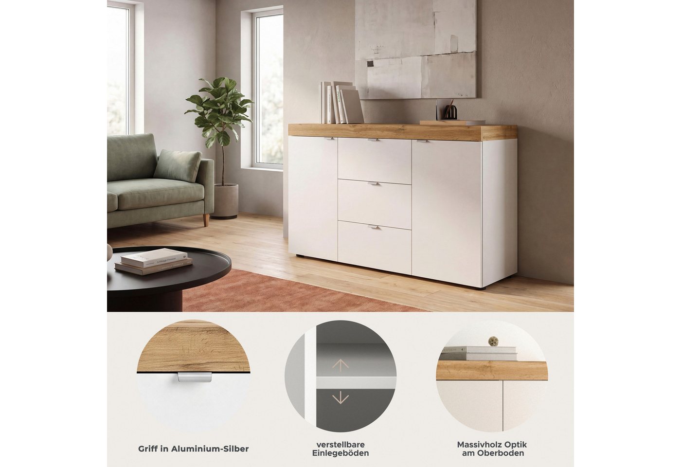 OTTO home Sideboard MAMBO II, Breite 125 cm, 2 Türen, 3 Schubkästen (1 St., 2-farbige Ausführung, in verschiedenen modernen Trendfarben erhältlich), Sideboard,  – Bild 3 von 5