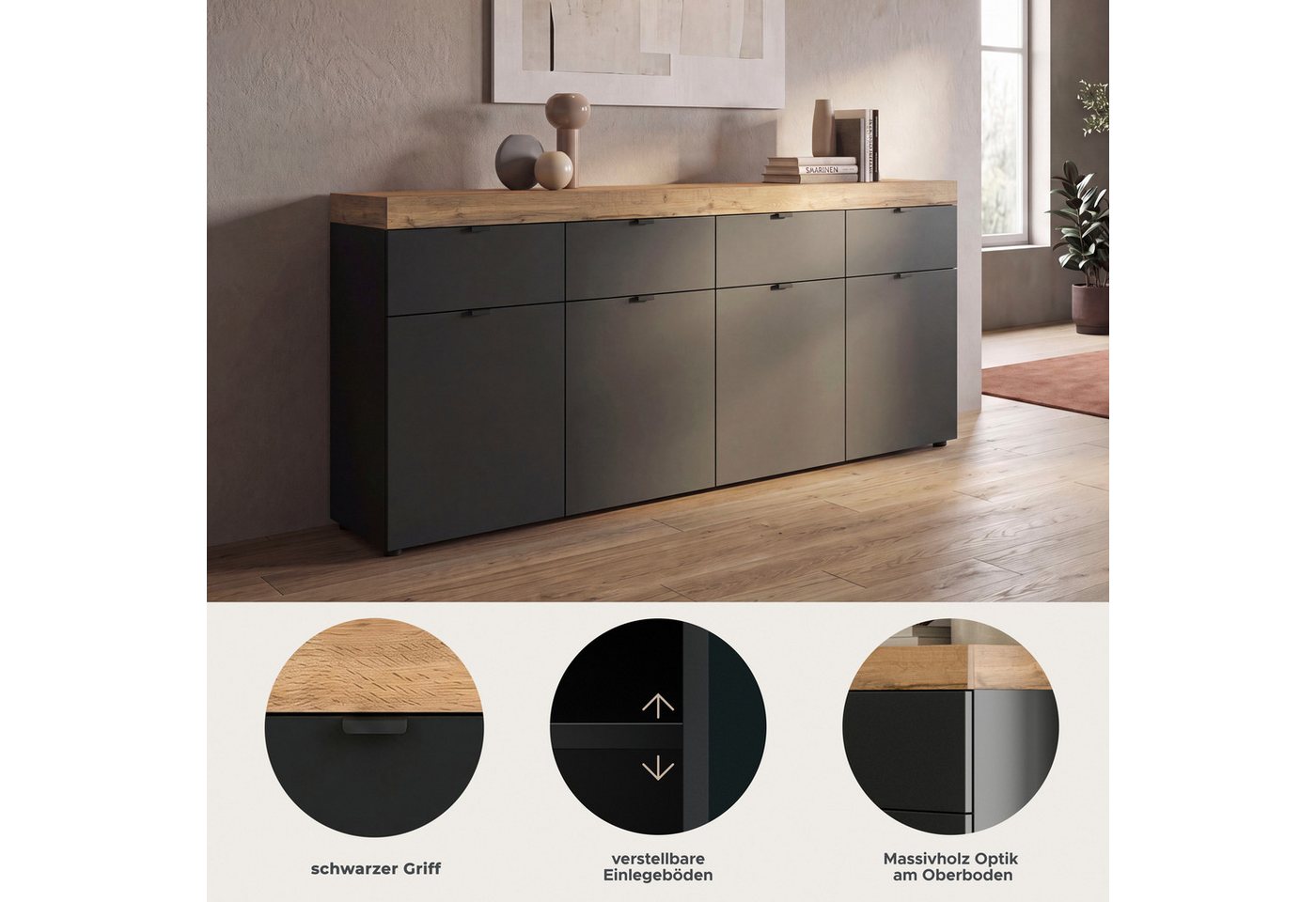 OTTO home Sideboard MAMBO II, Breite 200cm, 4 Türen, 4 Schubkästen, 8 Fächer (1 St., 2-farbige Ausführung, in verschiedenen modernen Trendfarben erhältlich), Ko – Bild 3 von 5