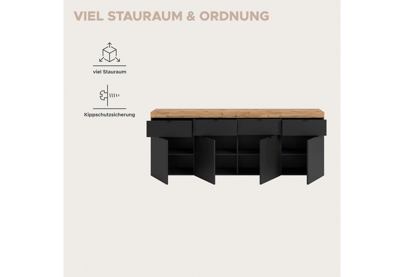 OTTO home Sideboard MAMBO II, Breite 200cm, 4 Türen, 4 Schubkästen, 8 Fächer (1 St., 2-farbige Ausführung, in verschiedenen modernen Trendfarben erhältlich), Ko – Bild 4 von 5