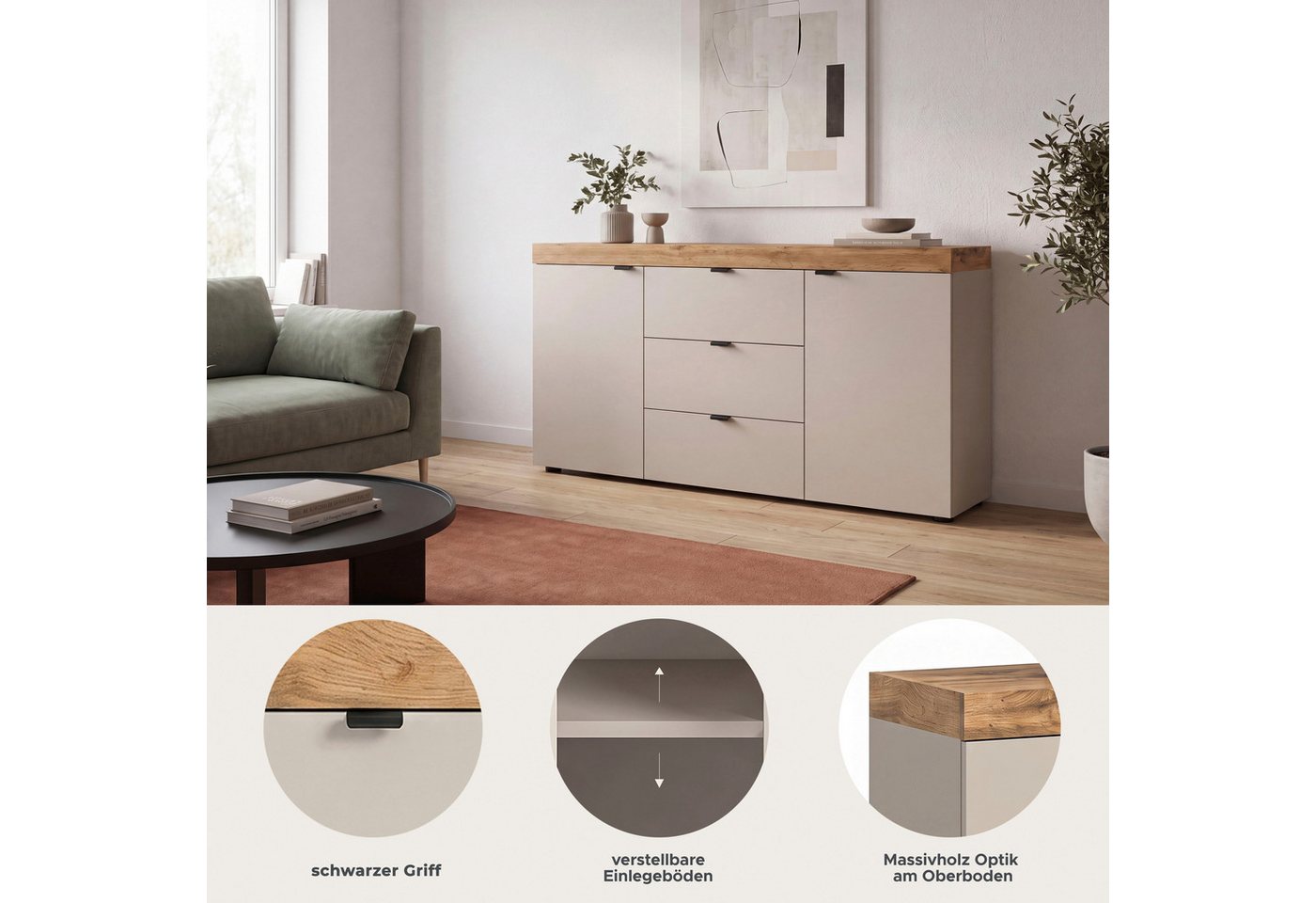 OTTO home Sideboard MAMBO II, Breite 125 cm, 2 Türen, 3 Schubkästen (1 St., 2-farbige Ausführung, in verschiedenen modernen Trendfarben erhältlich), Sideboard,  – Bild 3 von 5