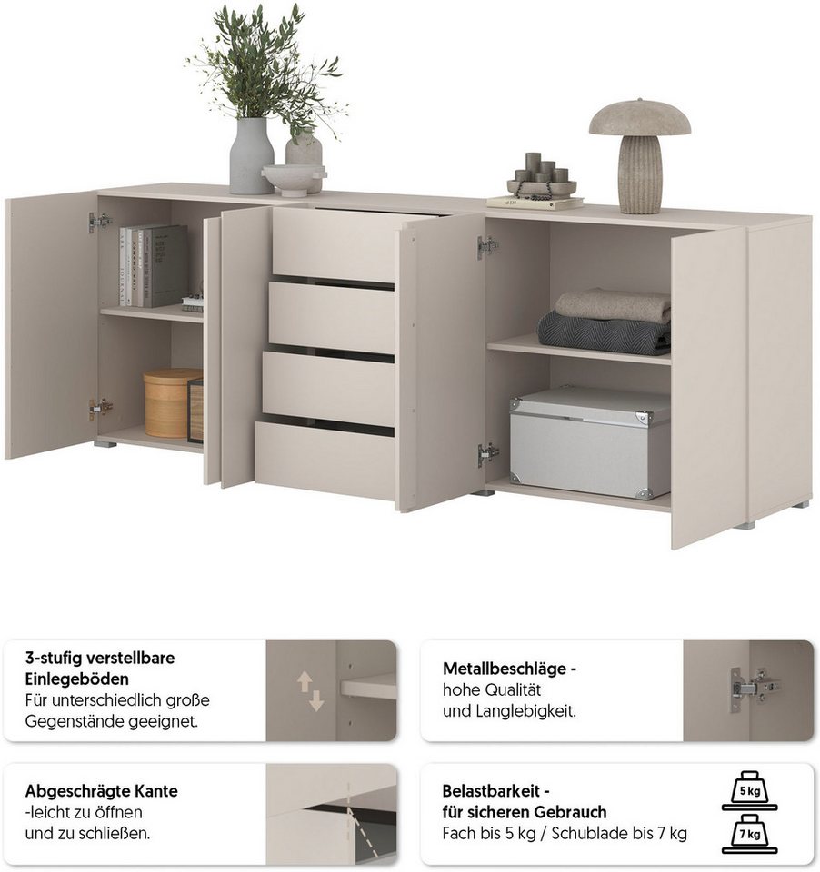 OTTO home Sideboard Metric,Breite 222 cm, grifflose Kommode 4 Türen/4 Schubkästen, Schubladenschrank mit viel Stauraum, Einlegeböden verstellbar – Bild 3 von 5