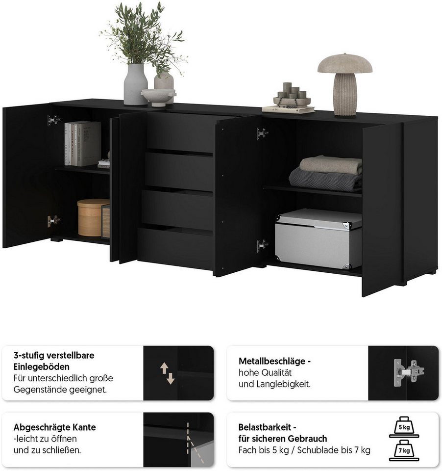OTTO home Sideboard Metric,Breite 222 cm, grifflose Kommode 4 Türen/4 Schubkästen, Schubladenschrank mit viel Stauraum, Einlegeböden verstellbar – Bild 3 von 5