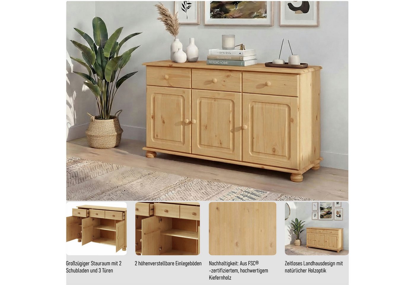 OTTO home Sideboard Mette, Kommode mit gefrästen, kugelförmigen Füßen, Breite 120 cm – Bild 3 von 5