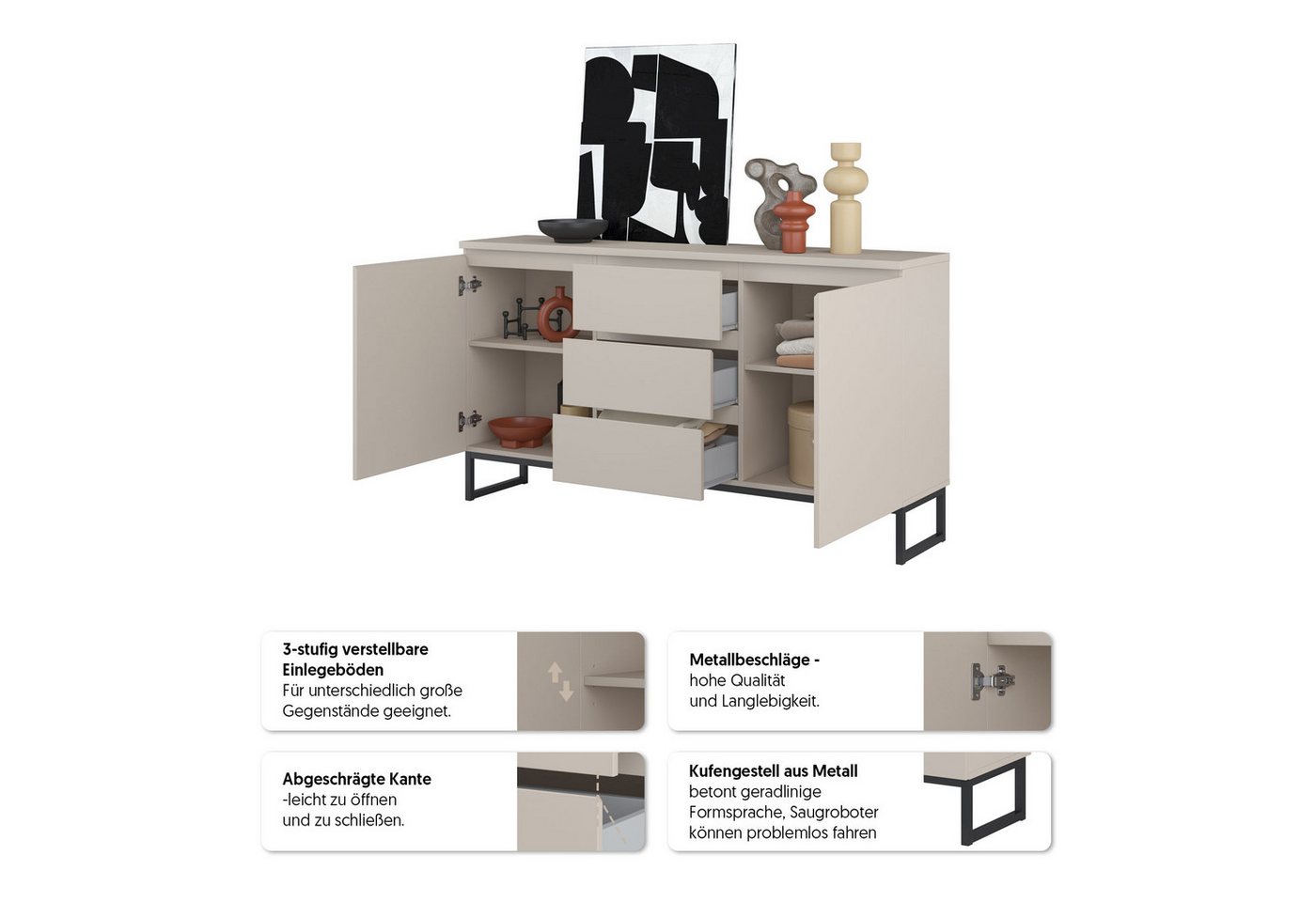 OTTO home Sideboard Modo II, Breite 150 cm, moderne grifflose Kommode 2Türen/3 SK, Schubladenkommode viel Stauraum, Einlegeböden verstellbar, Metallkufen – Bild 3 von 5