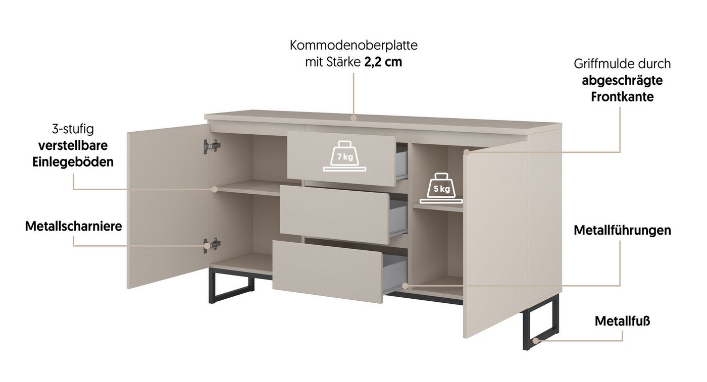 OTTO home Sideboard Modo II, Breite 150 cm, moderne grifflose Kommode 2Türen/3 SK, Schubladenkommode viel Stauraum, Einlegeböden verstellbar, Metallkufen – Bild 4 von 5