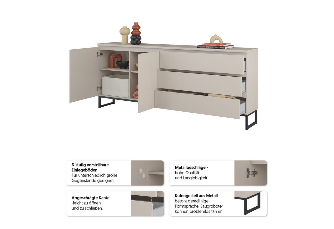 OTTO home Sideboard Modo II, Breite 200 cm, moderne grifflose Kommode 2Türen/3 SK, Schubladenkommode viel Stauraum, Einlegeböden verstellbar, Metallkufen – Bild 3 von 5