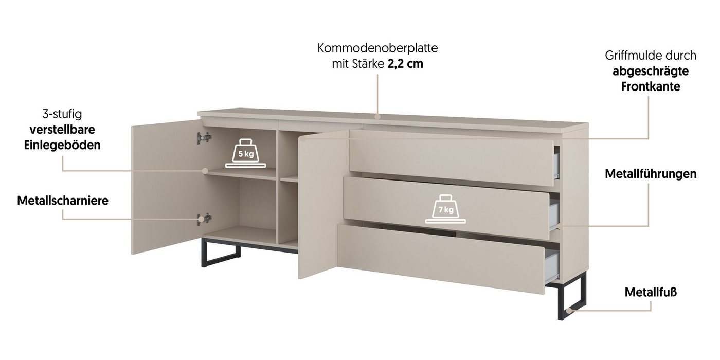 OTTO home Sideboard Modo II, Breite 200 cm, moderne grifflose Kommode 2Türen/3 SK, Schubladenkommode viel Stauraum, Einlegeböden verstellbar, Metallkufen – Bild 4 von 5