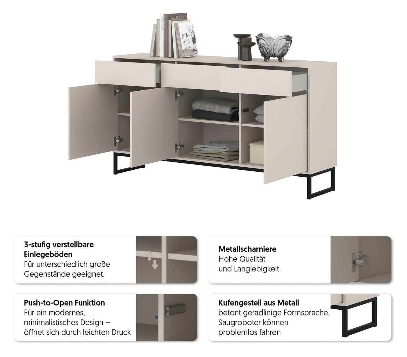 OTTO home Sideboard Olbia, Breite 157 cm, grifflose Kommode 3 Türen/3 Schubkästen., Schubladenkommode mit viel Stauraum, Einlegeböden verstellbar – Bild 3 von 5