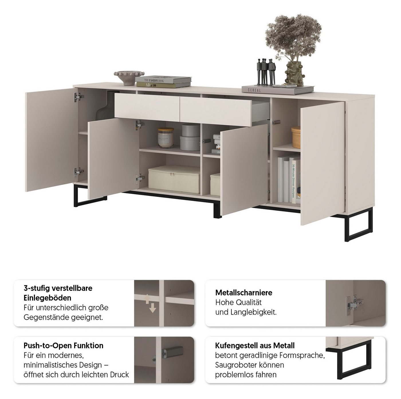 OTTO home Sideboard Olbia, Breite 208,5 cm, grifflose Kommode 4 Türen/2 Schubkästen., Schubladenkommode mit viel Stauraum, Einlegeböden verstellbar – Bild 3 von 5