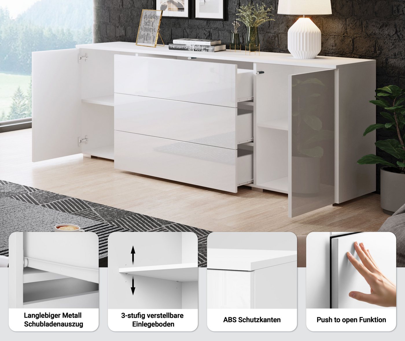 OTTO home Sideboard PARIS (1 St), Moderne 150cm breite grifflose Kommode, vielseitig einsetzbar – Bild 3 von 5