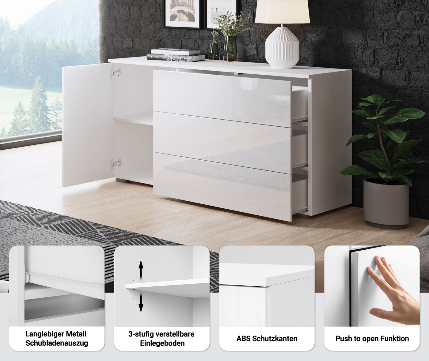 OTTO home Sideboard PARIS (1 St), Moderne 110cm breite grifflose Kommode, vielseitig einsetzbar – Bild 3 von 5