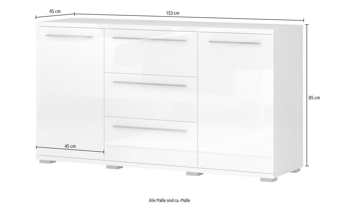 OTTO home Sideboard Piano, Kombikommode, 2-türig mit 3 Schubladen, 153x45x85cm, UV lackiert, hochglänzend, Soft-Close Funktion – Bild 3 von 5
