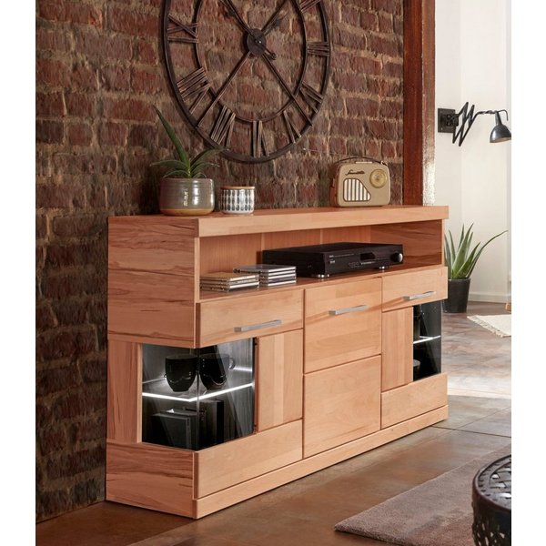 OTTO home Sideboard Ribe,130cm breit,Fronten Massivholz,2Türen mit gehärtetem Glaseinsatz, Korpus aus Holzwerkstoff, Metall Griffe,7 Fächer, Böden versetzbar