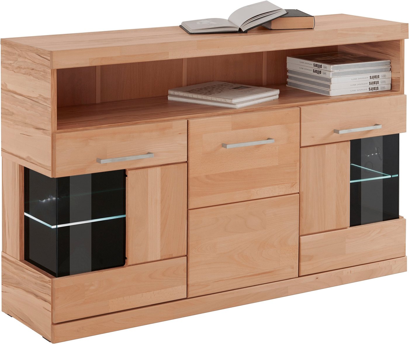 OTTO home Sideboard Ribe,130cm breit,Fronten Massivholz,2Türen mit gehärtetem Glaseinsatz, Korpus aus Holzwerkstoff, Metall Griffe,7 Fächer, Böden versetzbar – Bild 2 von 5