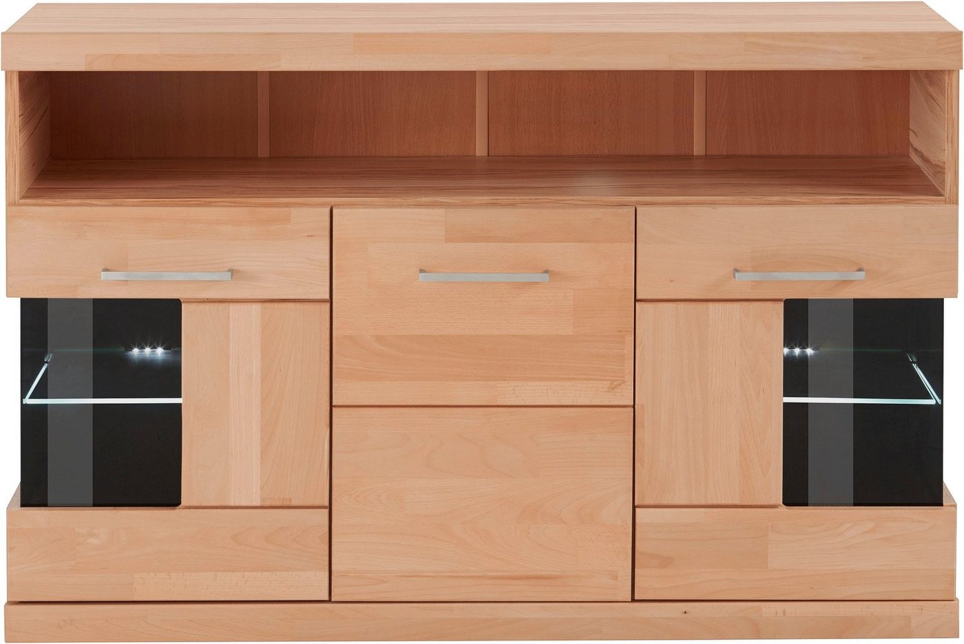 OTTO home Sideboard Ribe,130cm breit,Fronten Massivholz,2Türen mit gehärtetem Glaseinsatz, Korpus aus Holzwerkstoff, Metall Griffe,7 Fächer, Böden versetzbar – Bild 3 von 5