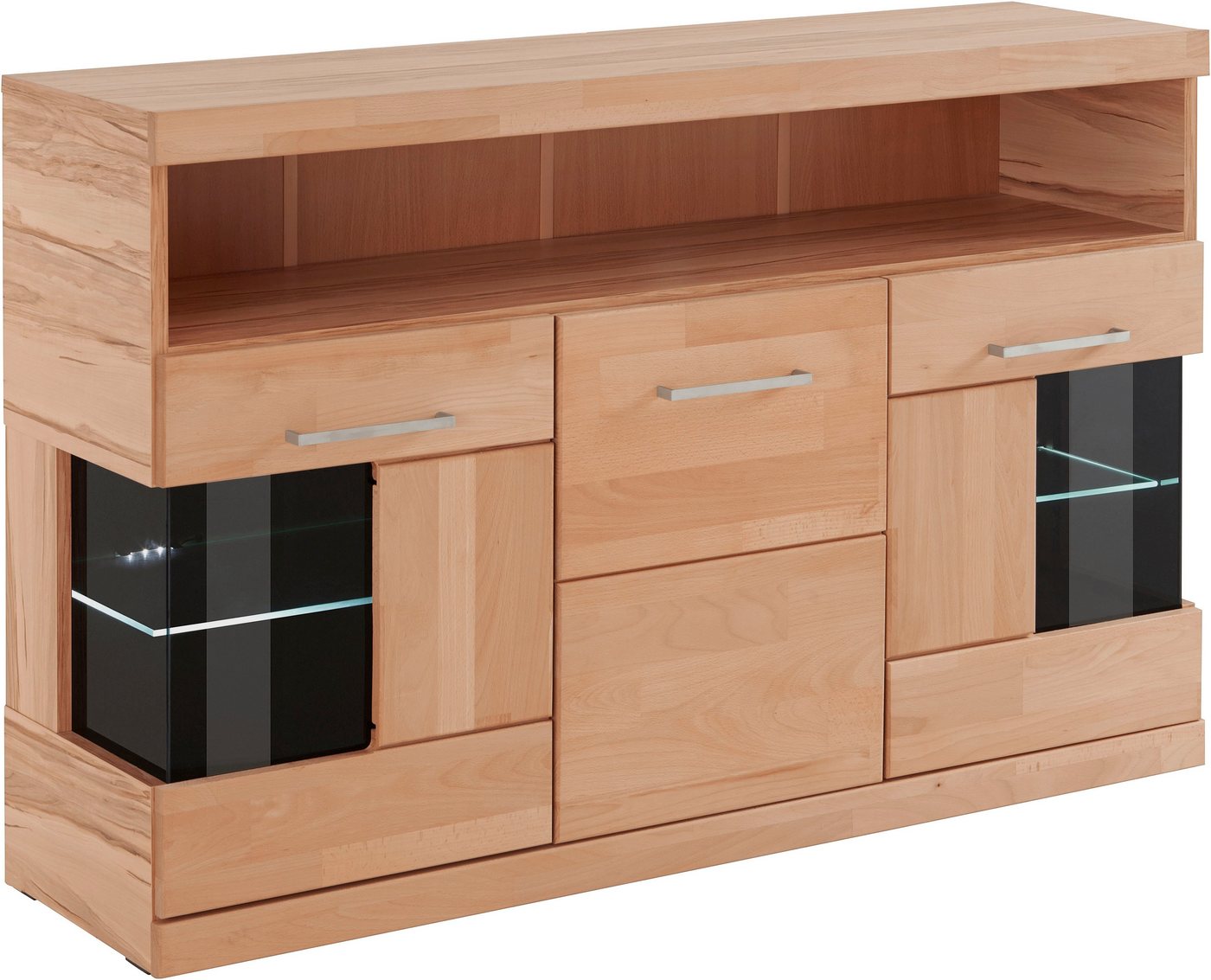 OTTO home Sideboard Ribe,130cm breit,Fronten Massivholz,2Türen mit gehärtetem Glaseinsatz, Korpus aus Holzwerkstoff, Metall Griffe,7 Fächer, Böden versetzbar – Bild 4 von 5