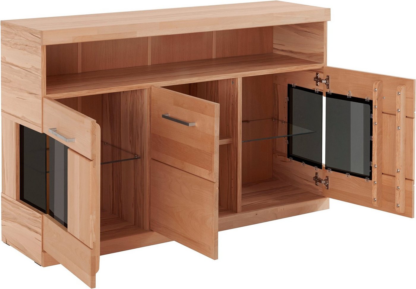 OTTO home Sideboard Ribe,130cm breit,Fronten Massivholz,2Türen mit gehärtetem Glaseinsatz, Korpus aus Holzwerkstoff, Metall Griffe,7 Fächer, Böden versetzbar – Bild 5 von 5