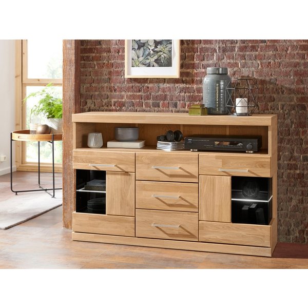 OTTO home Sideboard Ribe,125cm breit, Fronten Massivholz,5 Fächer,Böden versetzbar, Korpus Holzwerkstoff,Türen mit Glaseinsatz,3 Schubladen,Metallgriffe