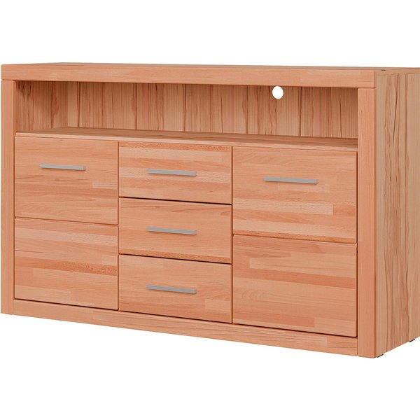 OTTO home Sideboard Ribe,130cm breit,80cm hoch,Oberplatte Holz massiv,6 Fächer, Holz massiv, Holzwerkstoff, Metall Griffe,2 Türen,3 Schubladen