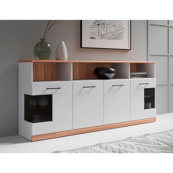OTTO home Sideboard RIBE20 Fronten massiv,Korpus Melamin, 2 Türen mit Glaseinsatz, B/T/H: 180/35/80cm, schwarze Metall Griffe,2 Türen mit Glaseinsatz