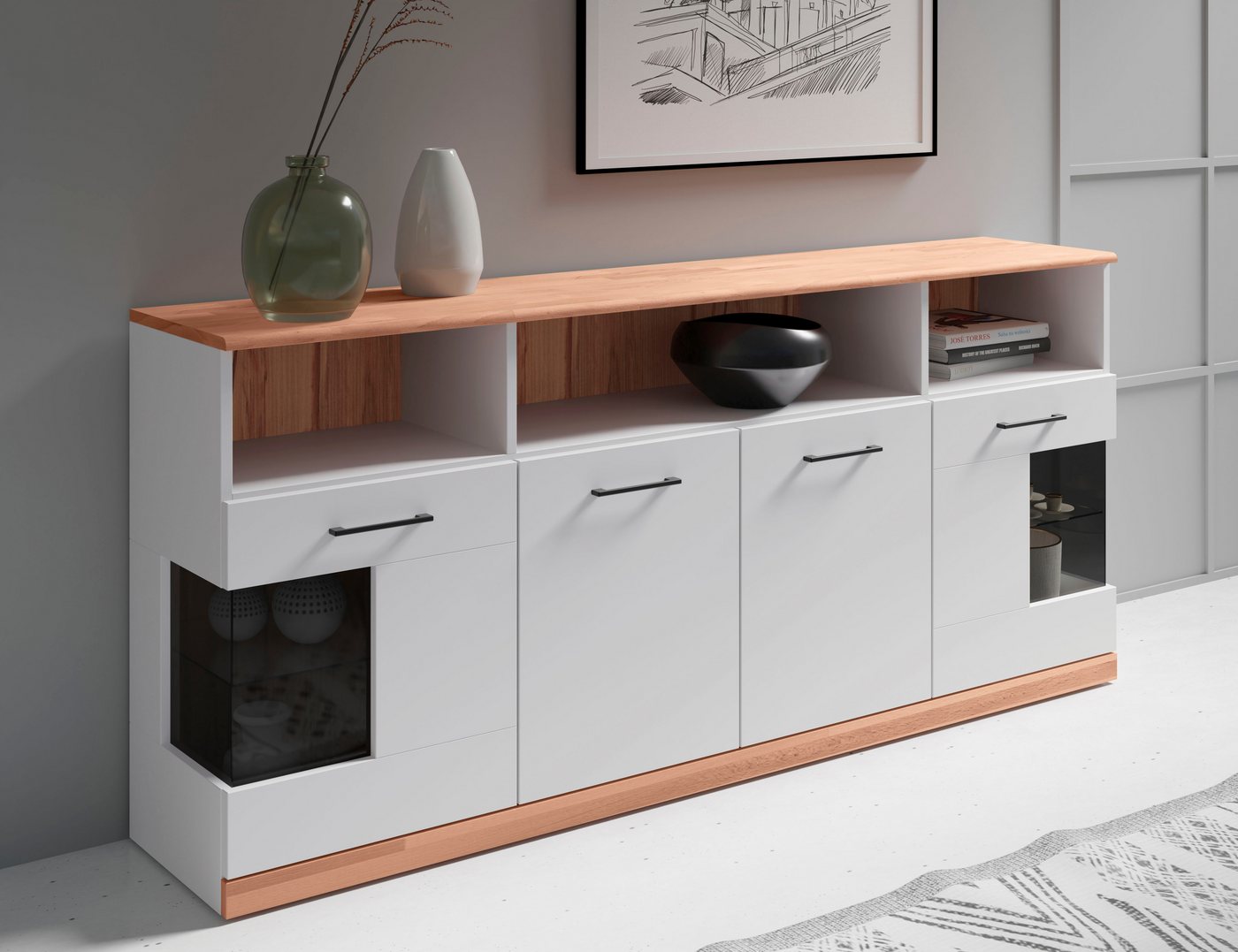 OTTO home Sideboard RIBE20 Fronten massiv,Korpus Melamin, 2 Türen mit Glaseinsatz, B/T/H: 180/35/80cm, schwarze Metall Griffe,2 Türen mit Glaseinsatz – Bild 4 von 5