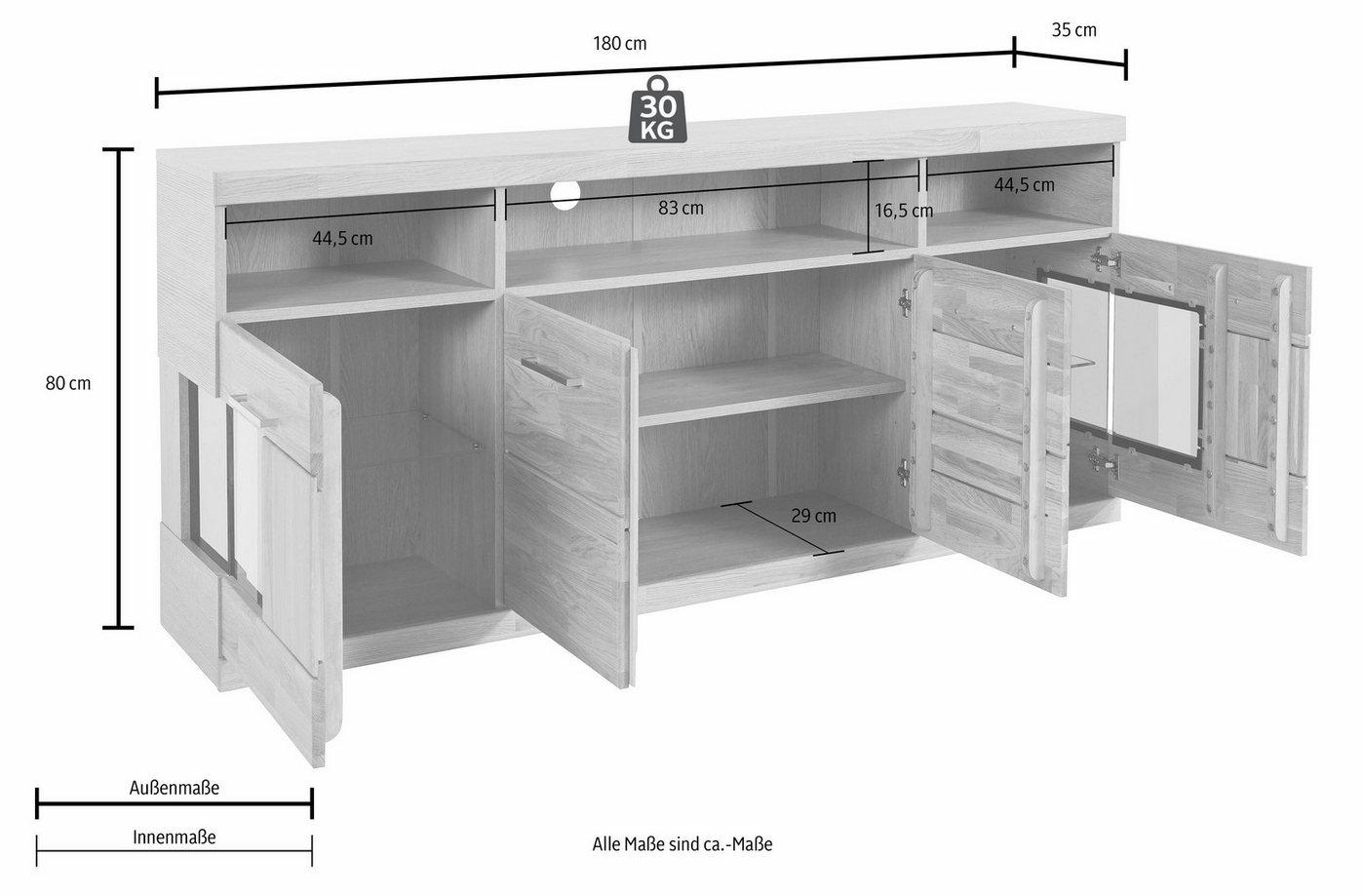 OTTO home Sideboard RIBE20 Fronten massiv,Korpus Melamin, 2 Türen mit Glaseinsatz, B/T/H: 180/35/80cm, schwarze Metall Griffe,2 Türen mit Glaseinsatz – Bild 5 von 5