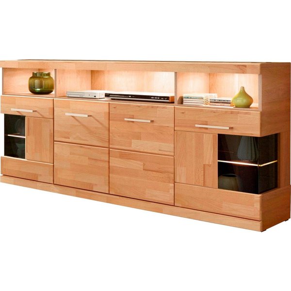 OTTO home Sideboard RIBE20 Fronten massiv,Korpus Melamin, 2 Türen mit Glaseinsatz, B/T/H: 180/35/80cm, 3 offene Fächer und 6 geschlossene, Kernbuche