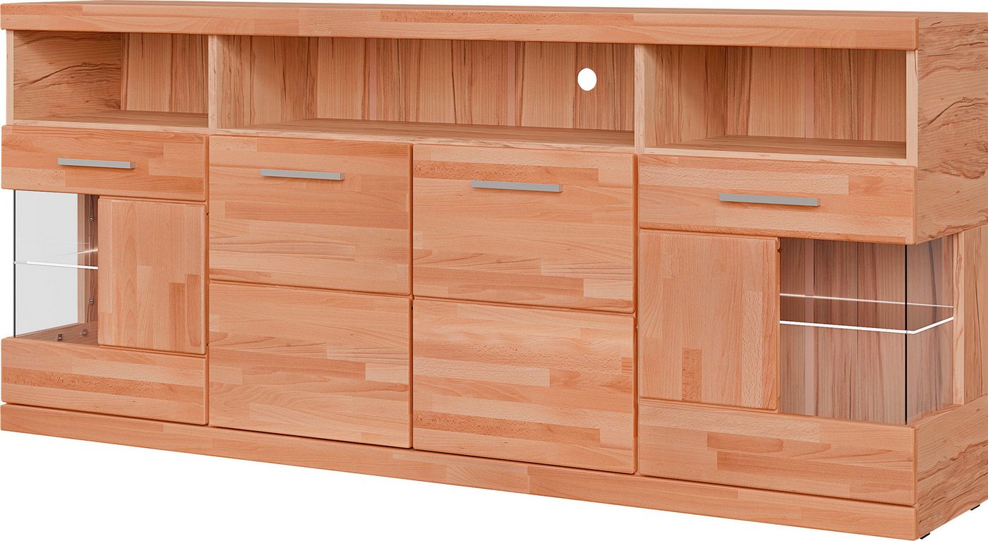 OTTO home Sideboard RIBE20 Fronten massiv,Korpus Melamin, 2 Türen mit Glaseinsatz, B/T/H: 180/35/80cm, 3 offene Fächer und 6 geschlossene, Kernbuche – Bild 3 von 5