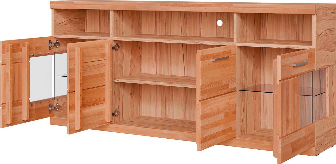 OTTO home Sideboard RIBE20 Fronten massiv,Korpus Melamin, 2 Türen mit Glaseinsatz, B/T/H: 180/35/80cm, 3 offene Fächer und 6 geschlossene, Kernbuche – Bild 4 von 5