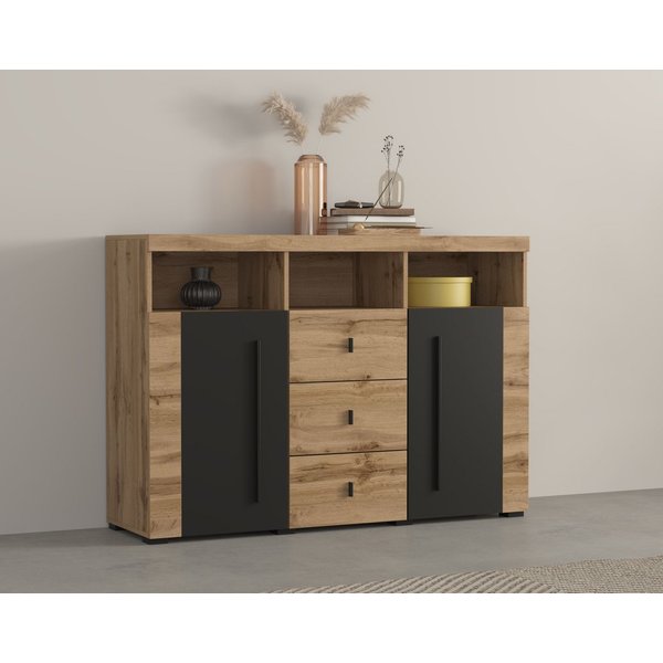 OTTO home Sideboard Roger,Breite 132cm, stilvolle Schrank, 2 Holztüren 3 Schubladen, Kommode mit viel Stauraum, Einlegeböden verstellbar