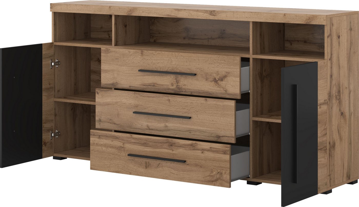 OTTO home Sideboard Roger,Breite 182cm, stilvolle Schrank, 2 Holztüren 3 Schubladen, Kommode mit viel Stauraum, Einlegeböden verstellbar – Bild 4 von 5