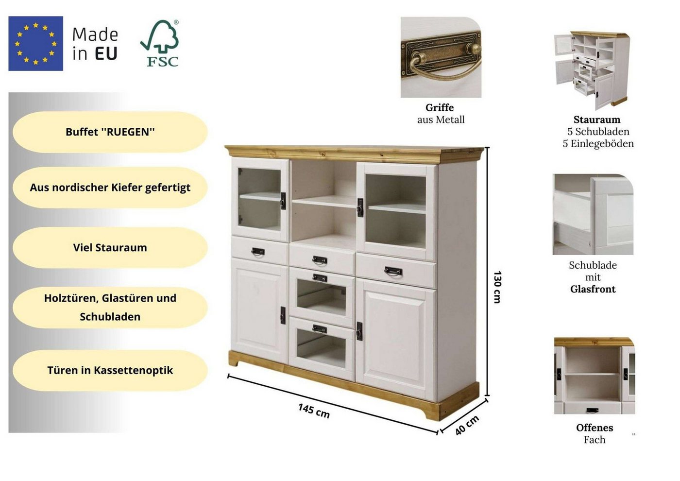 OTTO home Sideboard Rügen, aus massiver Kiefer, Breite 145 cm, made in EU – Bild 3 von 5