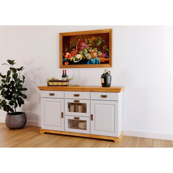 OTTO home Sideboard Rügen Kommode mit 2 Türen, 5 Schubläden mit Metallgriffen, Kommode aus massiver Kiefer, Schubladen mit Glaseinsatz, Metallgriffe