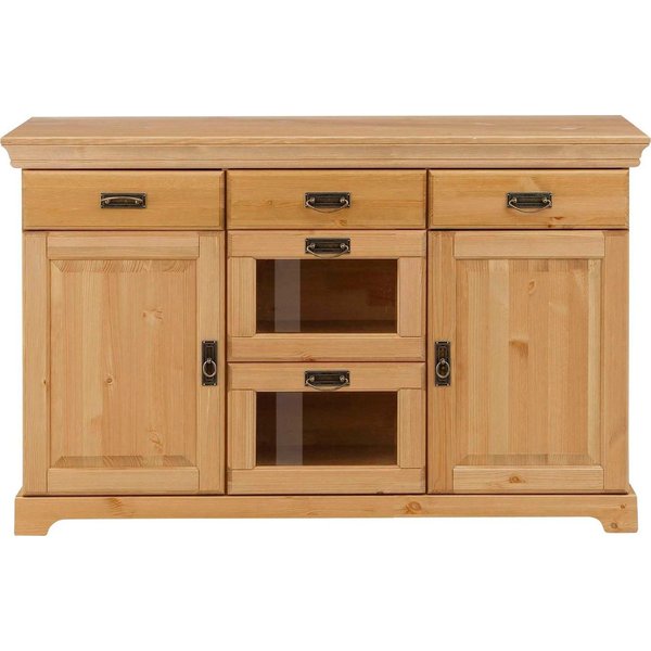 OTTO home Sideboard Rügen Kommode mit 2 Türen, 5 Schubläden mit Metallgriffen, Kommode aus massiver Kiefer, Schubladen mit Glaseinsatz, Metallgriffe