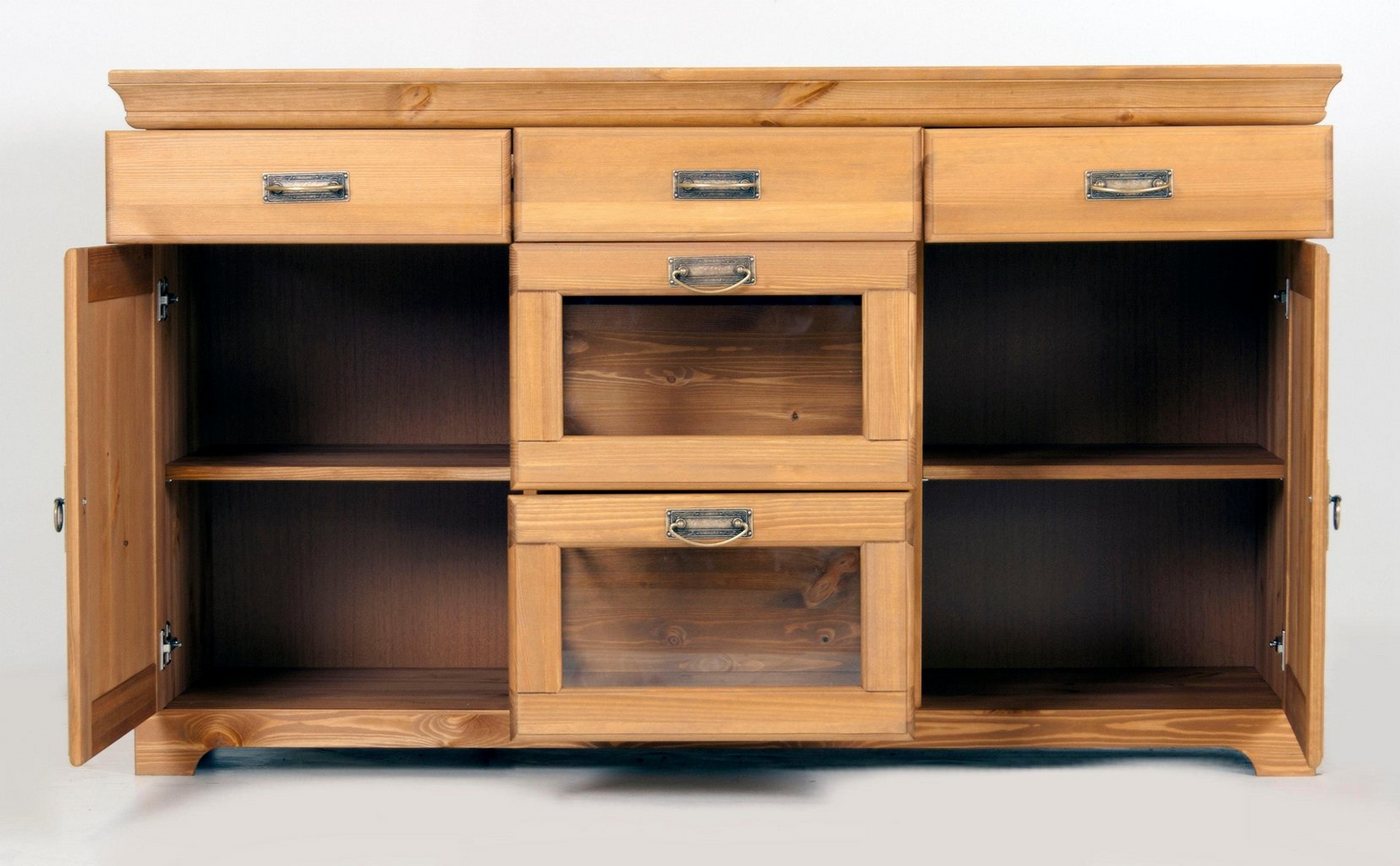 OTTO home Sideboard Rügen Kommode mit 2 Türen, 5 Schubläden mit Metallgriffen, Kommode aus massiver Kiefer, Schubladen mit Glaseinsatz, Metallgriffe – Bild 4 von 5