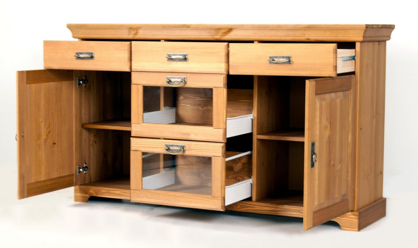 OTTO home Sideboard Rügen Kommode mit 2 Türen, 5 Schubläden mit Metallgriffen, Kommode aus massiver Kiefer, Schubladen mit Glaseinsatz, Metallgriffe – Bild 5 von 5