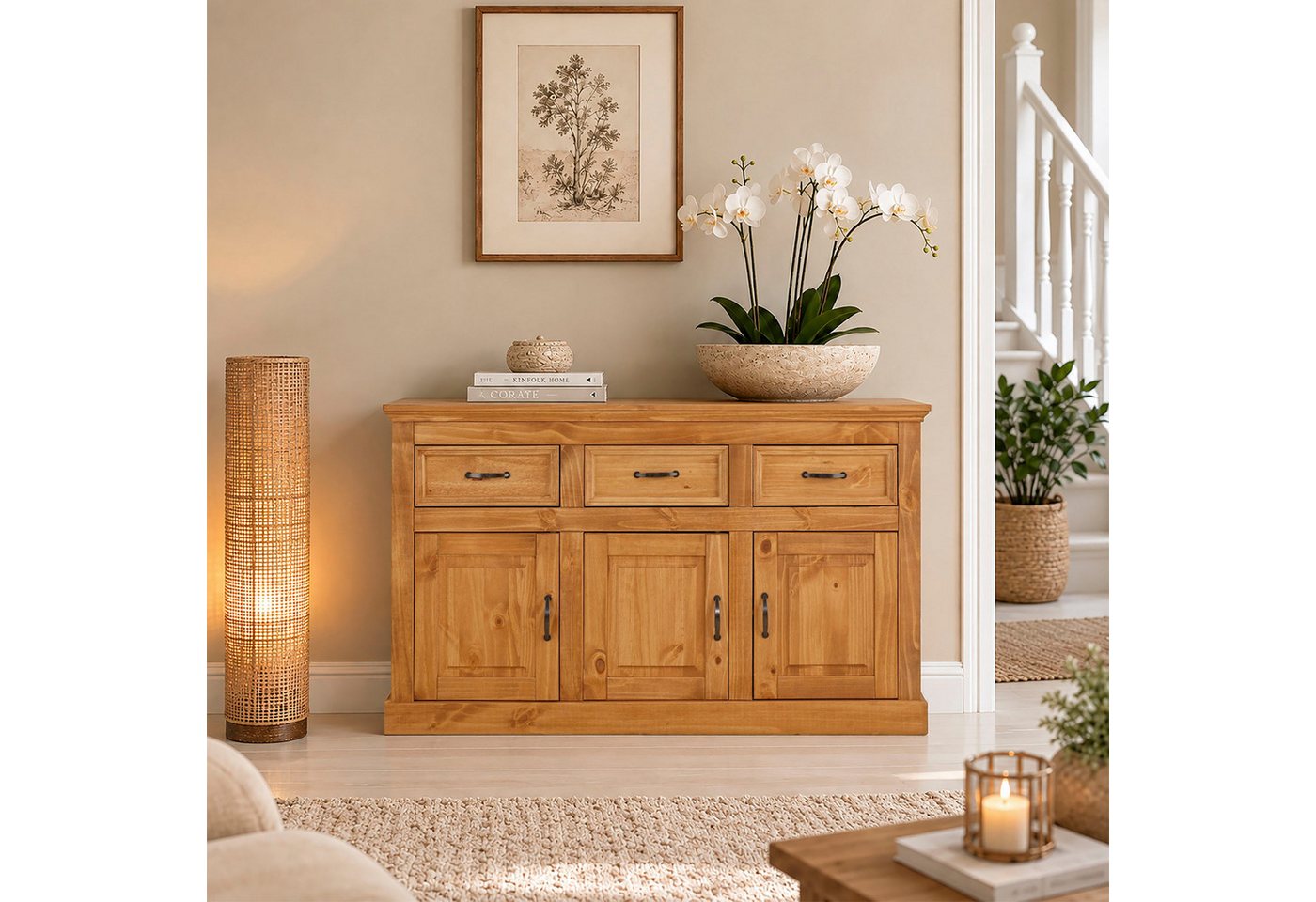 OTTO home Sideboard Selma Kommode mit 3 Türen, 3 Schubläden und 6 Fächer, Metallgriffe, aus massivem Kiefernholz, 3 Einlegeböden, mit dekorativer Fräsung – Bild 2 von 5