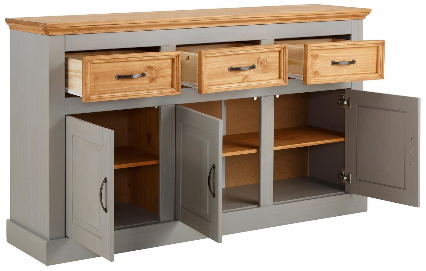 OTTO home Sideboard Selma Kommode mit 3 Türen, 3 Schubläden und 6 Fächer, Metallgriffe, aus massivem Kiefernholz, 3 Einlegeböden, mit dekorativer Fräsung – Bild 5 von 5