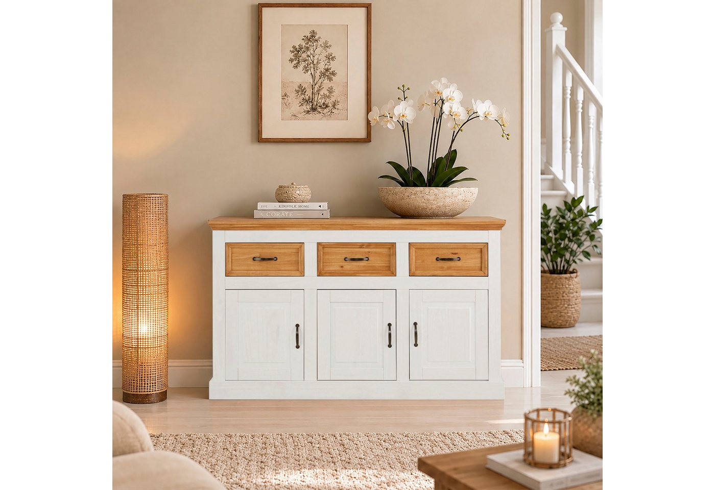 OTTO home Sideboard Selma Kommode mit 3 Türen, 3 Schubläden und 6 Fächer, Metallgriffe, aus massivem Kiefernholz, 3 Einlegeböden, mit dekorativer Fräsung – Bild 2 von 5